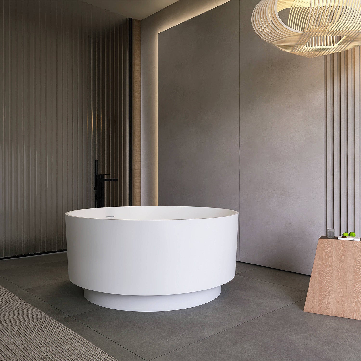 49 in. Round Solid Surface Freestanding Soaking Bathtub, Matte White One-Piece Bathtub with Center Drain
