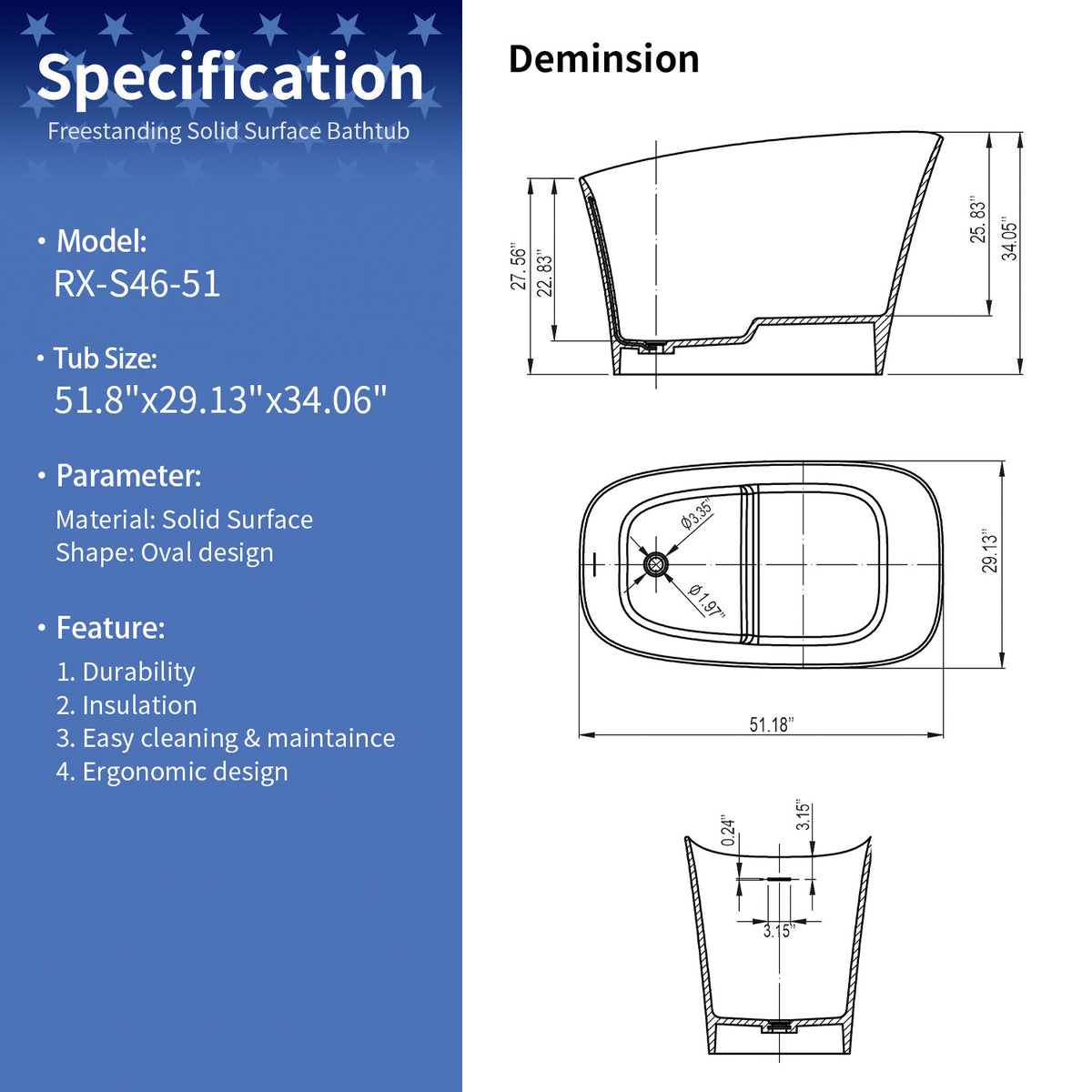 RAINLEX 51 in. Freestanding Solid Surface Deep Soaking Bathtub with Built-In Seat