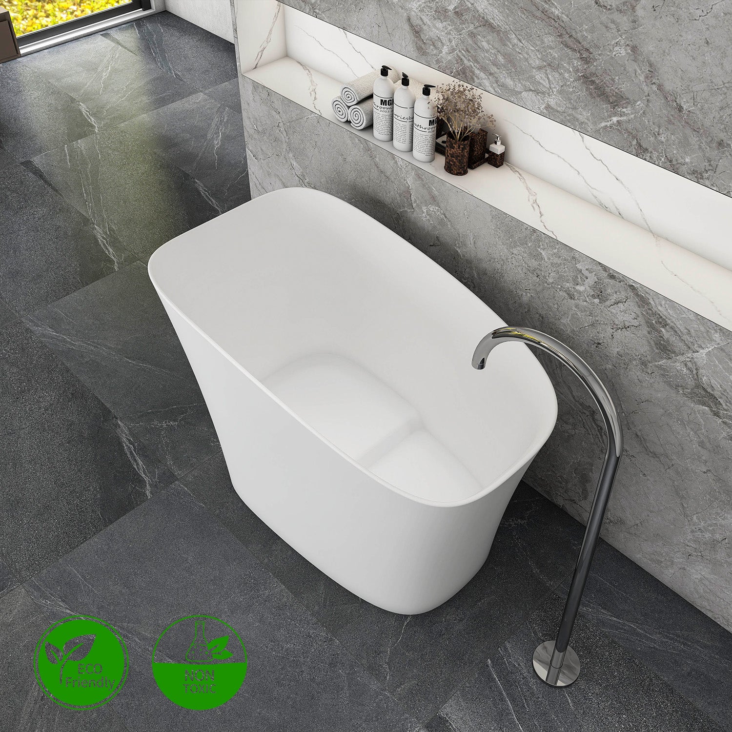 51 in. Freestanding Solid Surface Deep Soaking Bathtub with Built-In Seat, Matte White High-Back One-Piece Tub