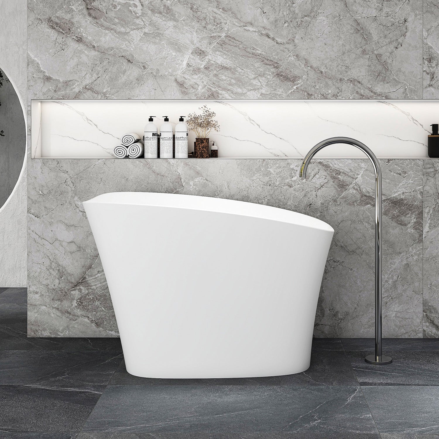 51 in. Freestanding Solid Surface Deep Soaking Bathtub with Built-In Seat, Matte White High-Back One-Piece Tub