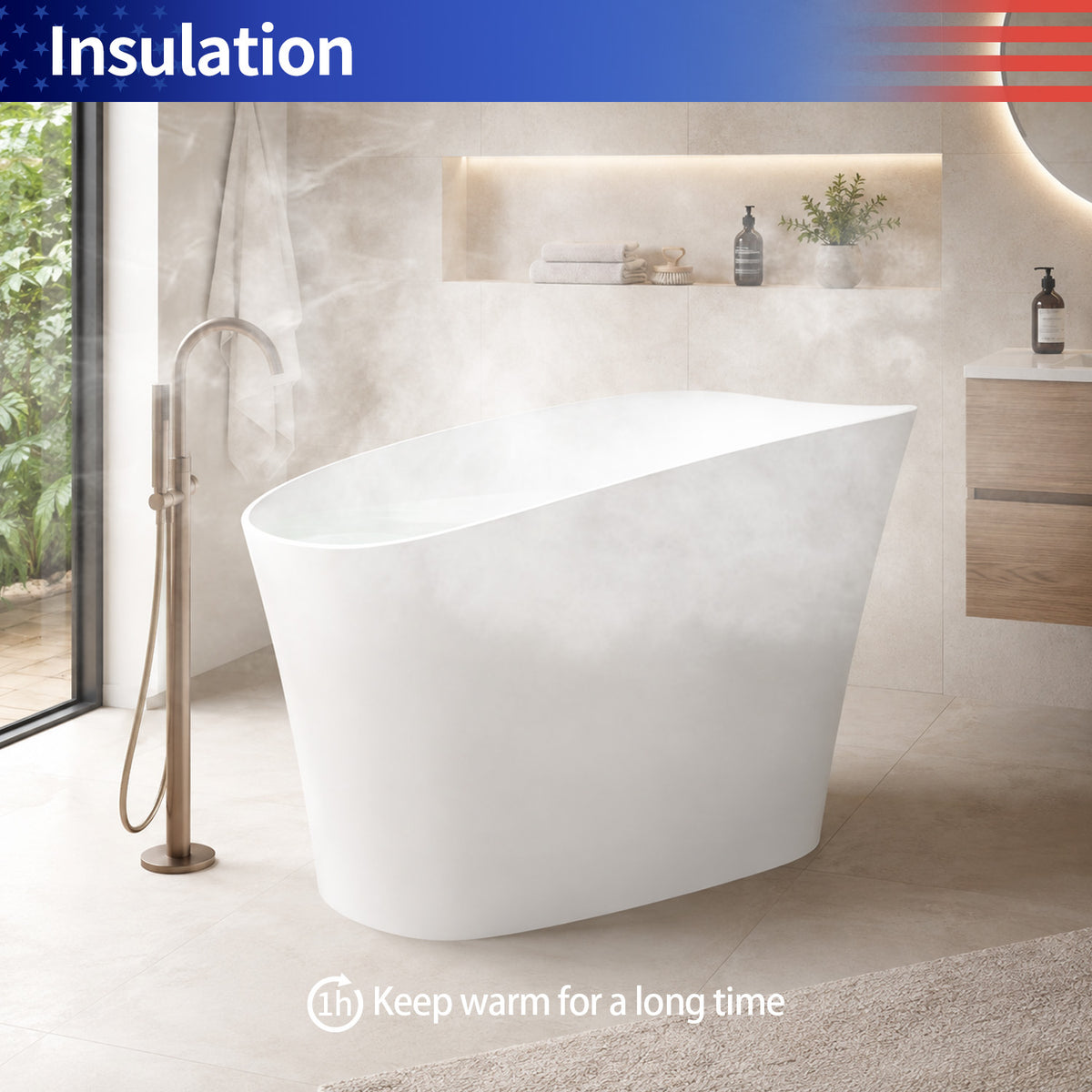 RAINLEX 51 in. Freestanding Solid Surface Deep Soaking Bathtub with Built-In Seat