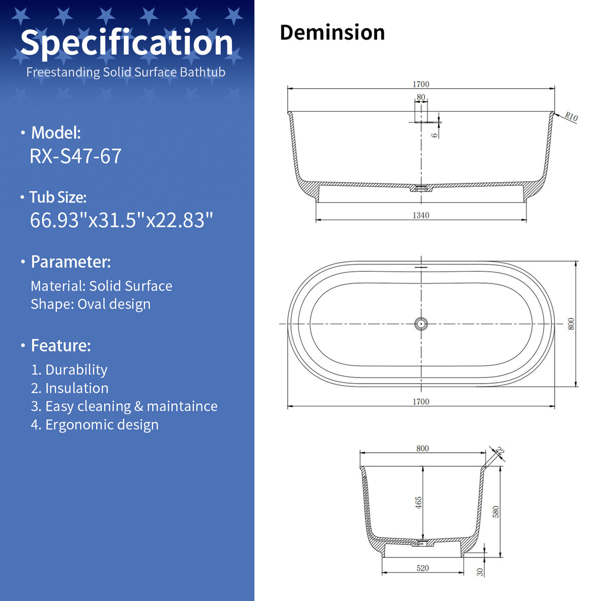 67 in. Oval Solid Surface Freestanding Soaking Bathtub with Overflow, Matte White