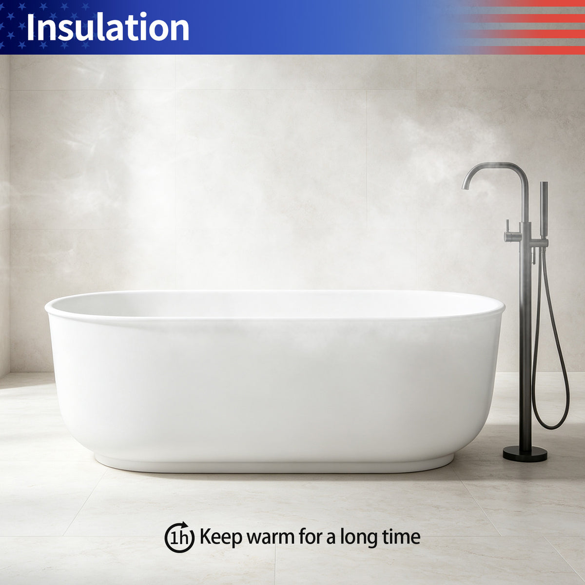 67 in. Oval Solid Surface Freestanding Soaking Bathtub with Overflow, Matte White