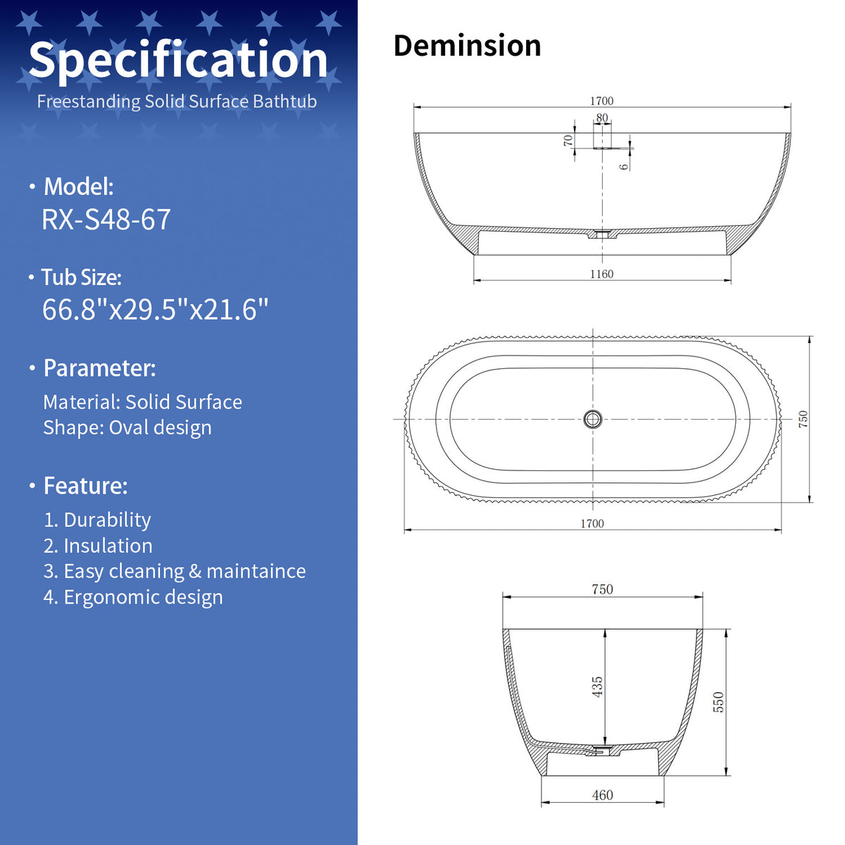 67 in. Vertical Fluted Solid Surface Freestanding Soaking Bathtub, Matte White