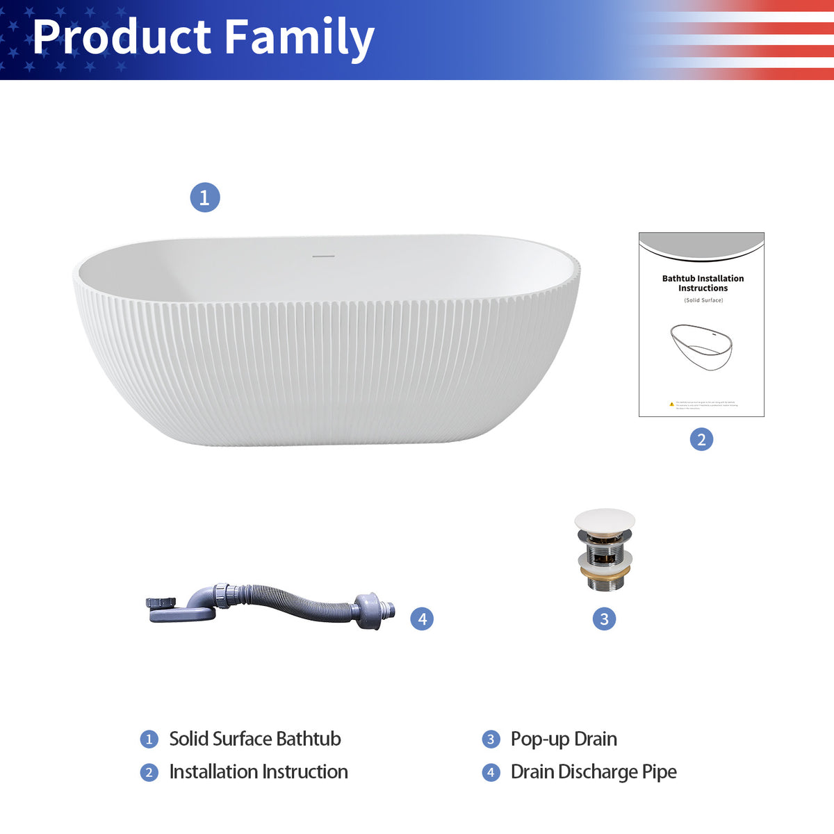 67 in. Vertical Fluted Solid Surface Freestanding Soaking Bathtub, Matte White