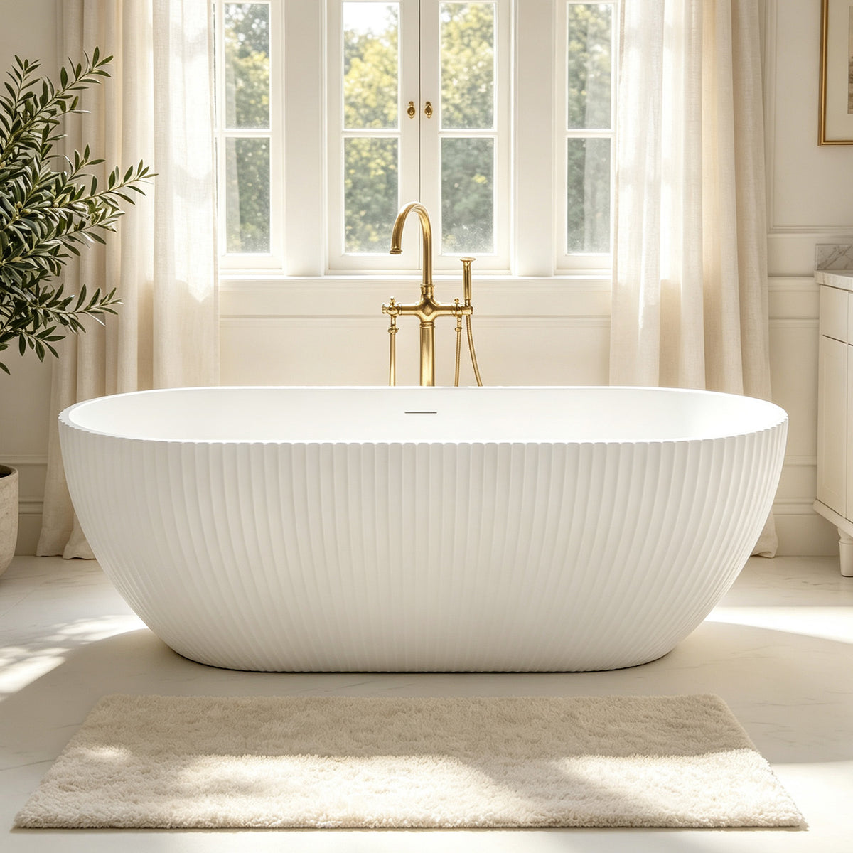 67 in. Vertical Fluted Solid Surface Freestanding Soaking Bathtub, Matte White