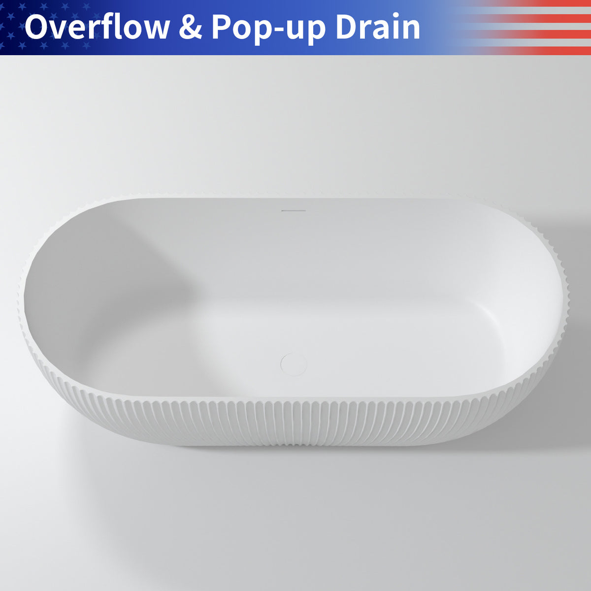 67 in. Vertical Fluted Solid Surface Freestanding Soaking Bathtub, Matte White