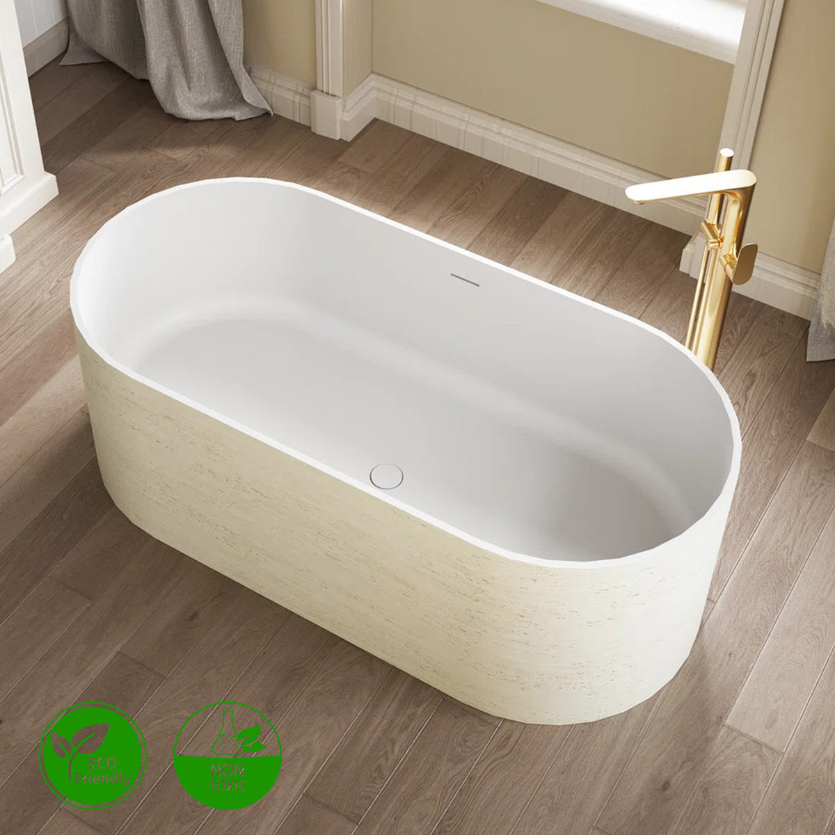 63 in. Stone Pattern Solid Surface Freestanding Soaking Bathtub, Matte White Interior
