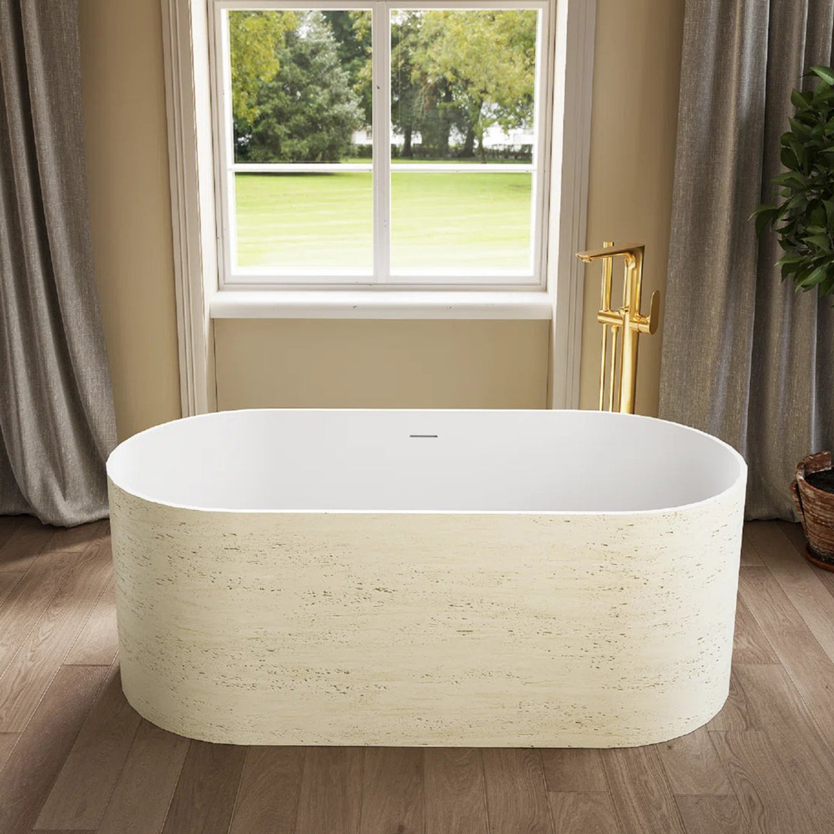 63 in. Stone Pattern Solid Surface Freestanding Soaking Bathtub, Matte White Interior