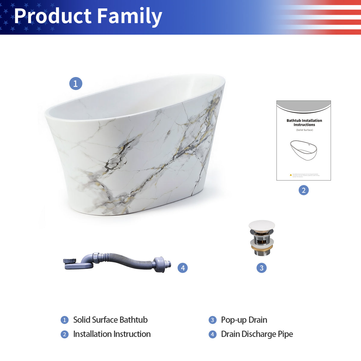 51 in. Solid Surface Japanese Soaking Bathtub with Built-in Seat, Marble Pattern