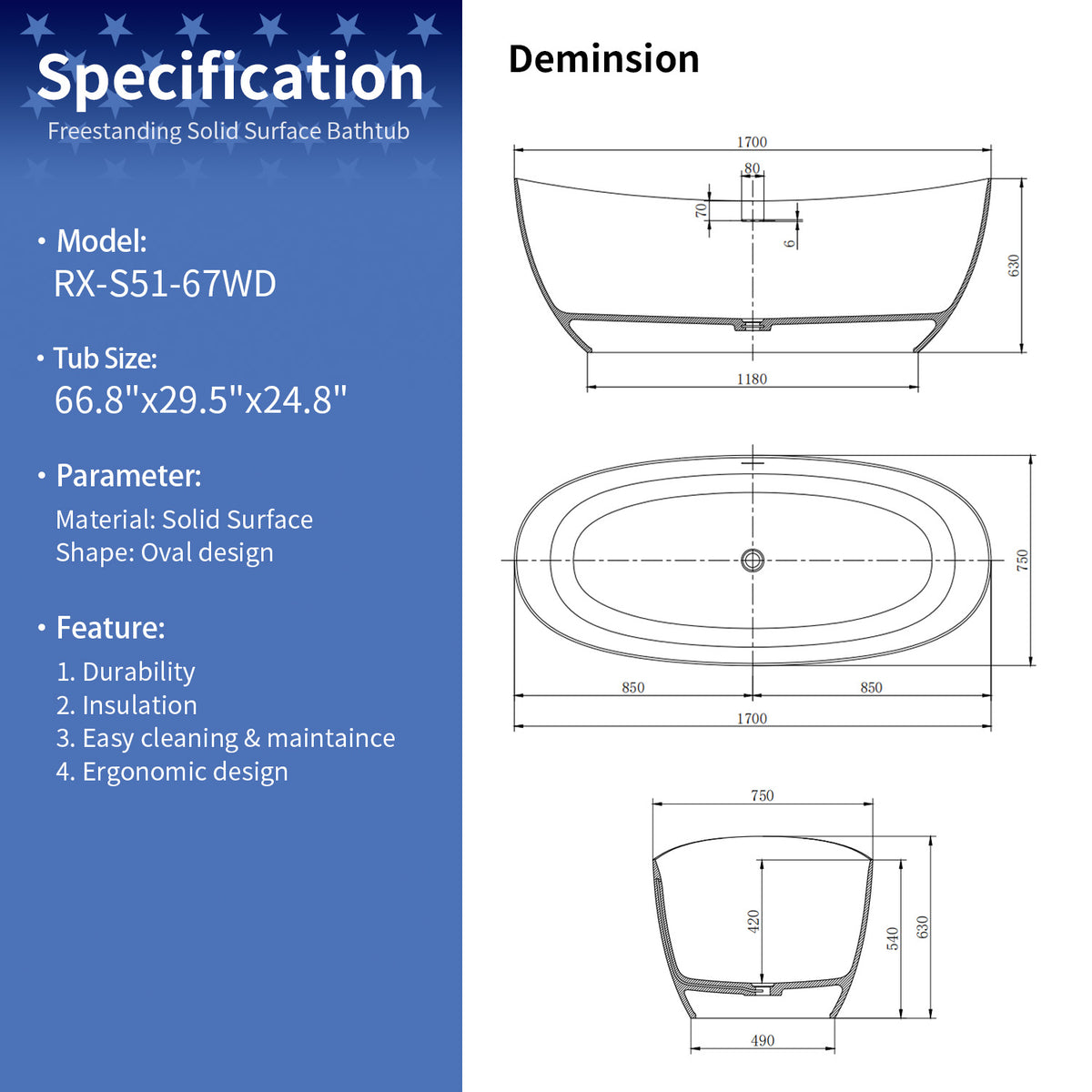 67 in. Wood Texture Solid Surface Freestanding Soaking Bathtub, Stone Resin