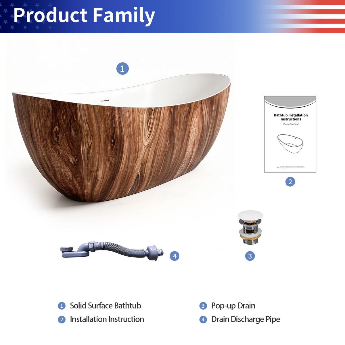 67 in. Wood Texture Solid Surface Freestanding Soaking Bathtub, Stone Resin