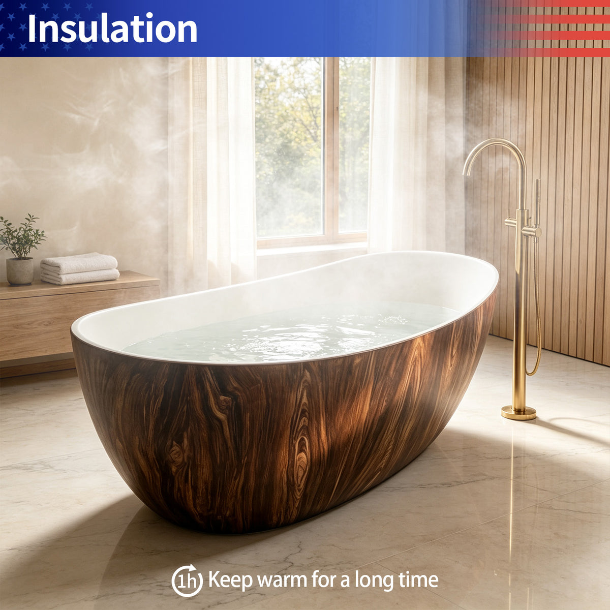 67 in. Wood Texture Solid Surface Freestanding Soaking Bathtub, Stone Resin