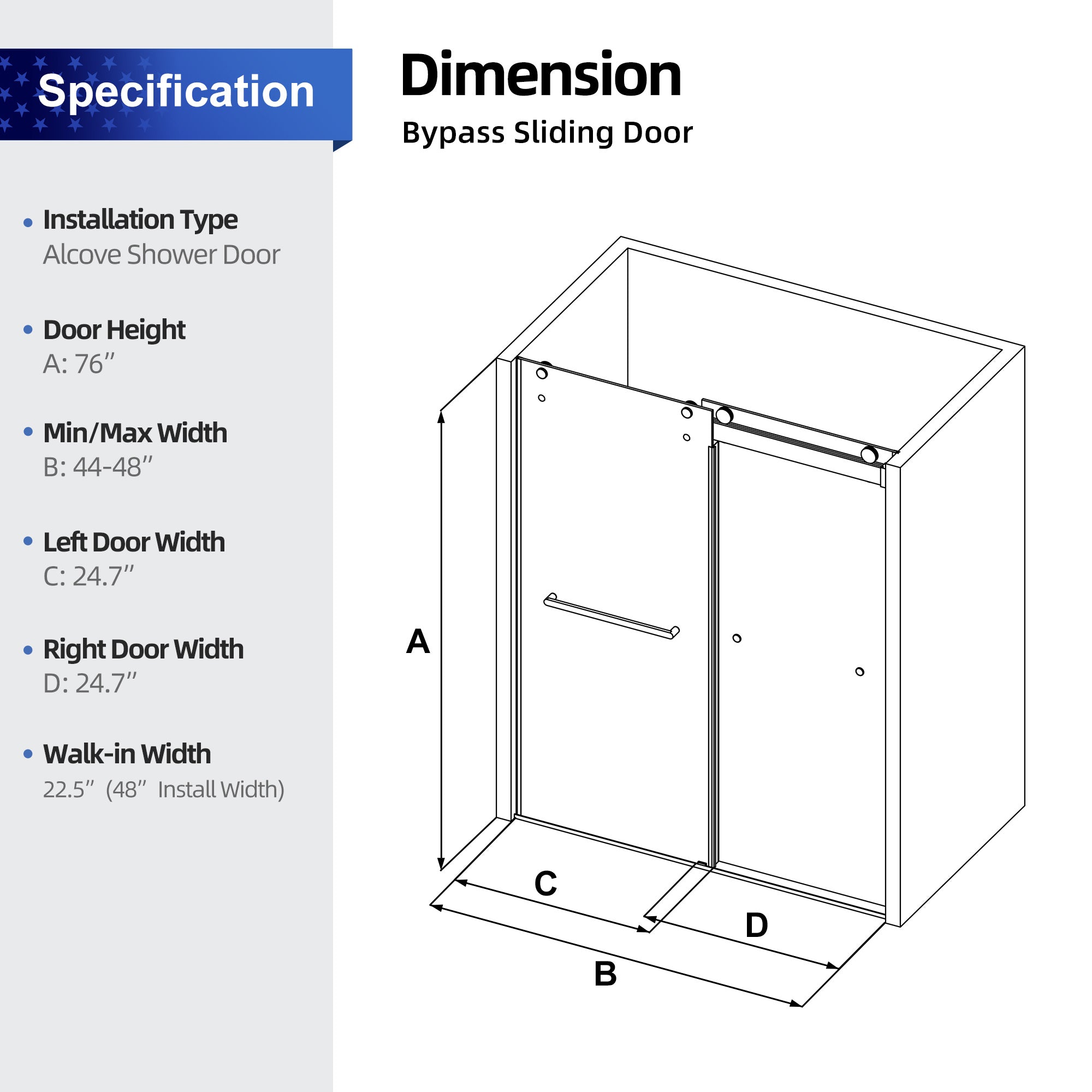 44 to 48 in. W x 76 in. H Sliding Frameless Shower Door with 3/8 Inch (10mm) Thick Tampered Glass in Chrome RX-SD02-4876CH