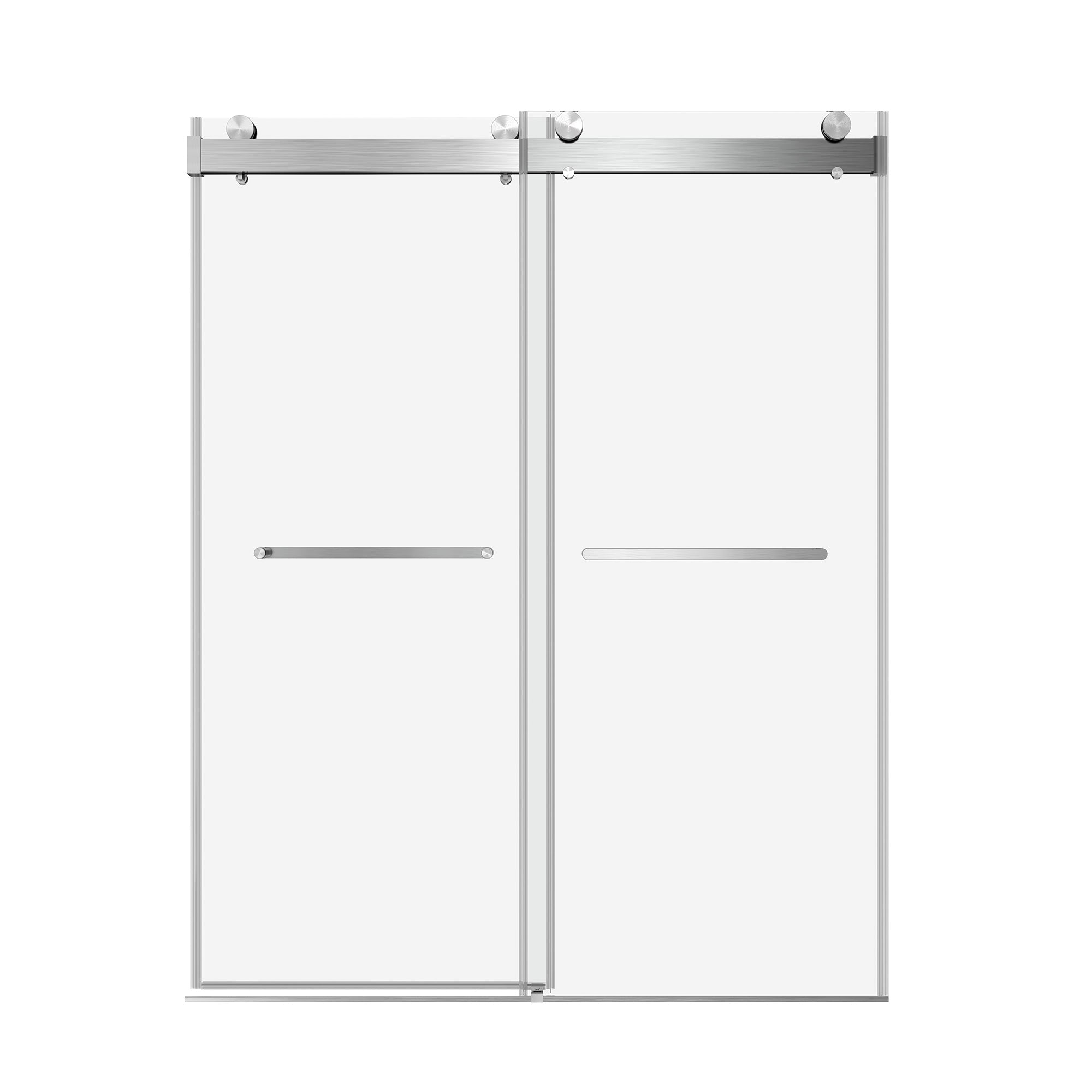 Porte de douche coulissante sans cadre de 56 à 60 po de largeur x 76 po de hauteur avec verre trempé de 3/8 po (10 mm) d'épaisseur en nickel brossé RX-SD02-6076BN