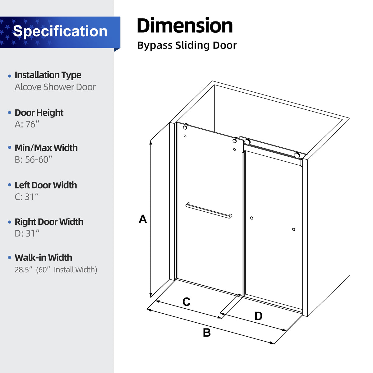 RAINLEX 56-60 in. W x 76 in. H Sliding Frameless Shower Door, 5/16 in. Tempered Glass in Brushed Nickel