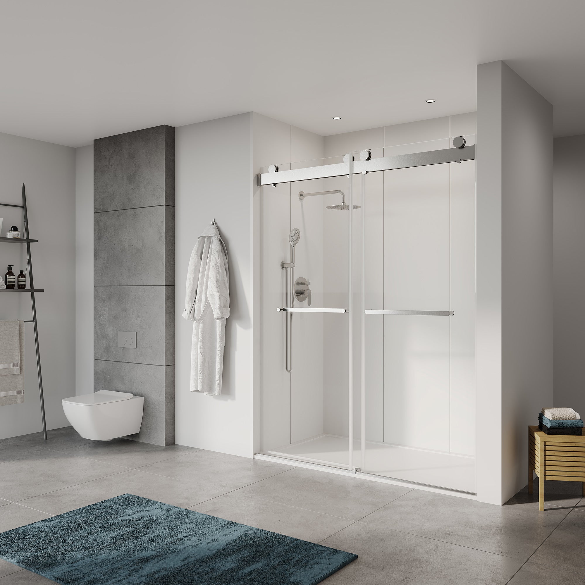Porte de douche coulissante sans cadre de 68 à 72 po de largeur x 76 po de hauteur avec verre trempé de 3/8 po (10 mm) d'épaisseur en nickel brossé RX-SD02-7276BN