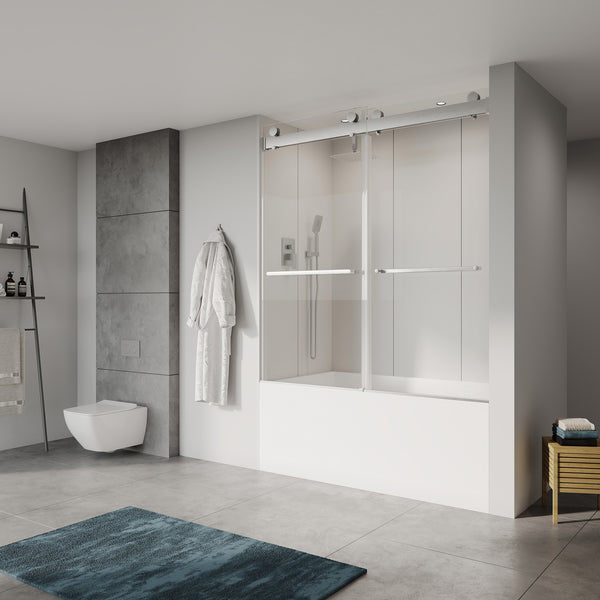 Porte de baignoire coulissante double sans cadre de 56 à 60 po de largeur x 65 po de hauteur en nickel brossé RX-SD03-6065BN
