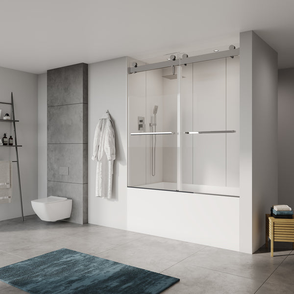 Porte de baignoire coulissante double sans cadre de 56 à 60 po de largeur x 65 po de hauteur en chrome RX-SD03-6065CH