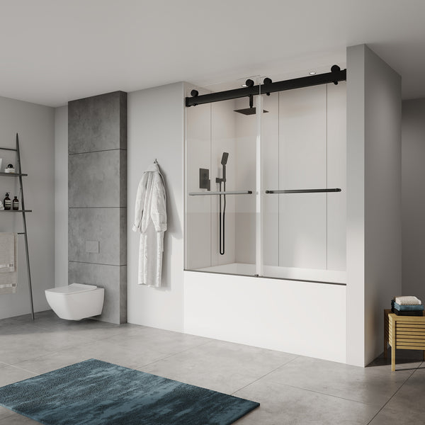 Porte de baignoire coulissante double sans cadre de 56 à 60 po de largeur x 65 po de hauteur, noir mat RX-SD03-6065MB