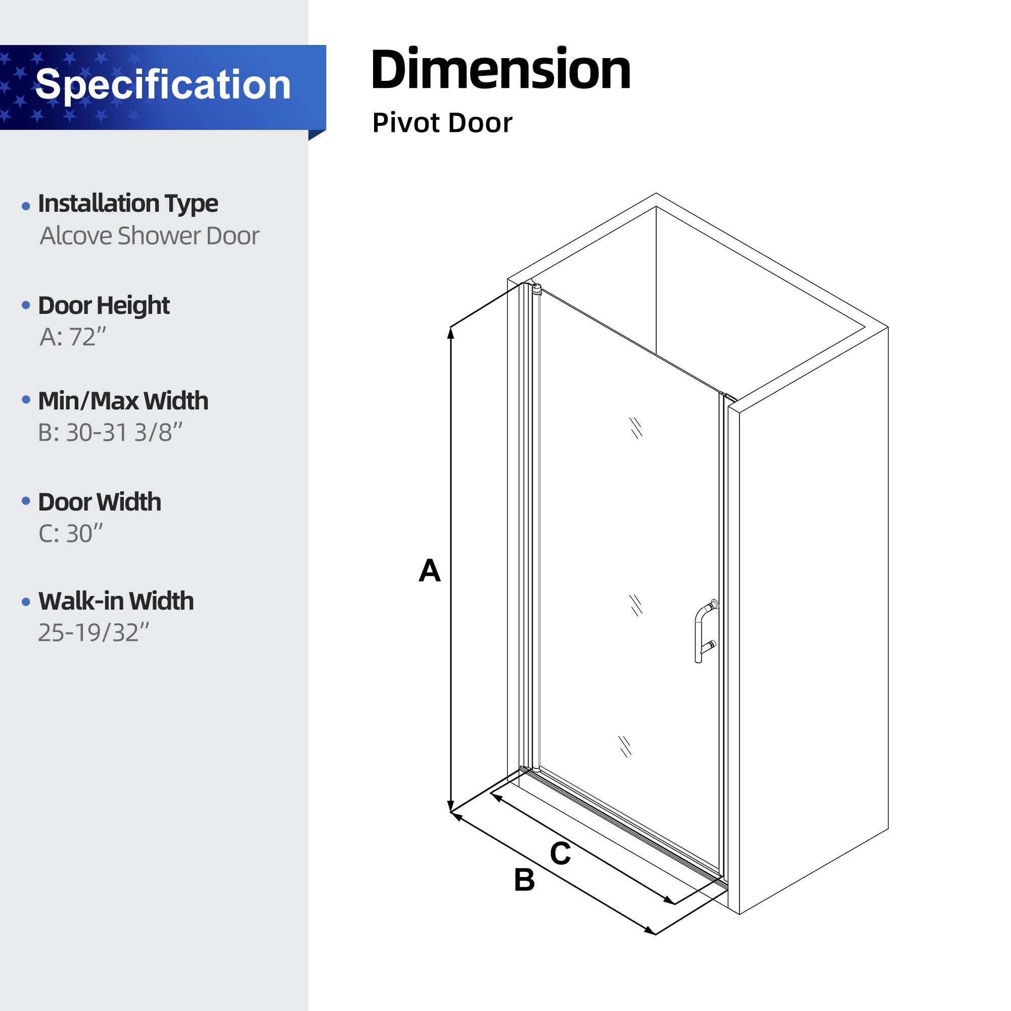 Porte de douche pivotante semi-sans cadre de 30 à 31-3/8 po de largeur x 72 po de hauteur en noir mat RX-SD04-3072MB