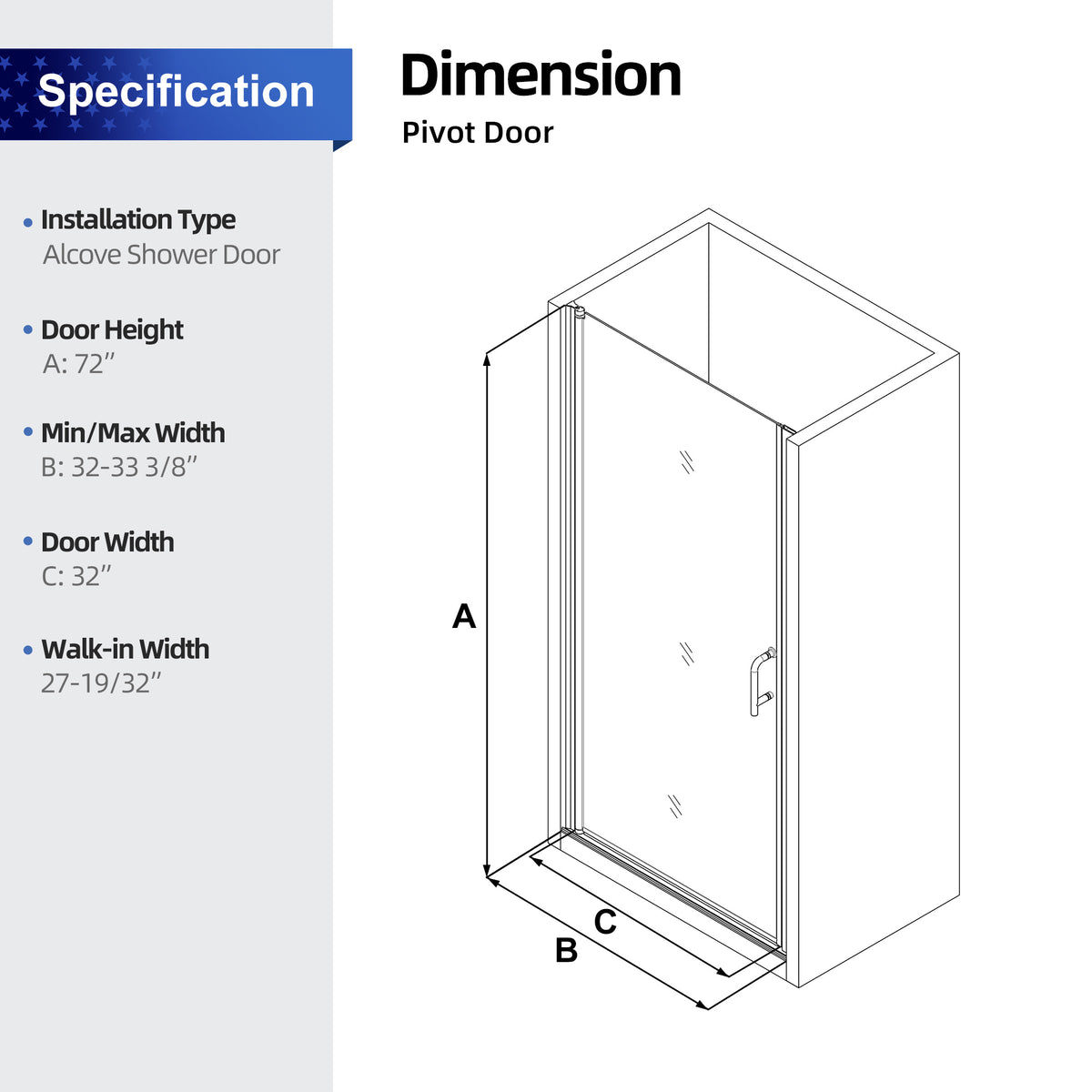 32" W x 72" H Semi-Frameless Pivot Shower Door, Chrome