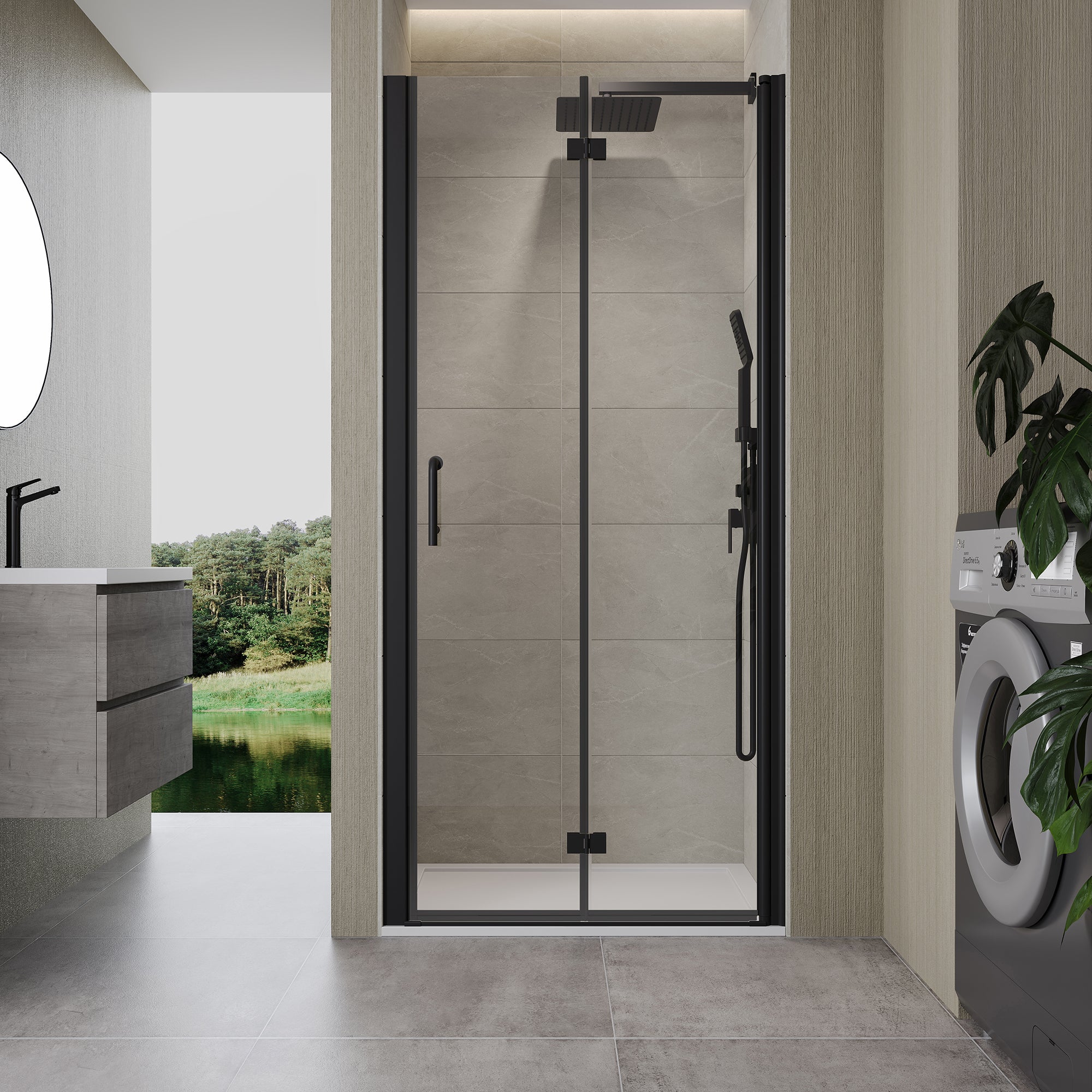 Portes de douche pliantes semi-sans cadre de 32 à 33-3/8 po de largeur x 72 po de hauteur en noir mat RX-SD05-3272MB