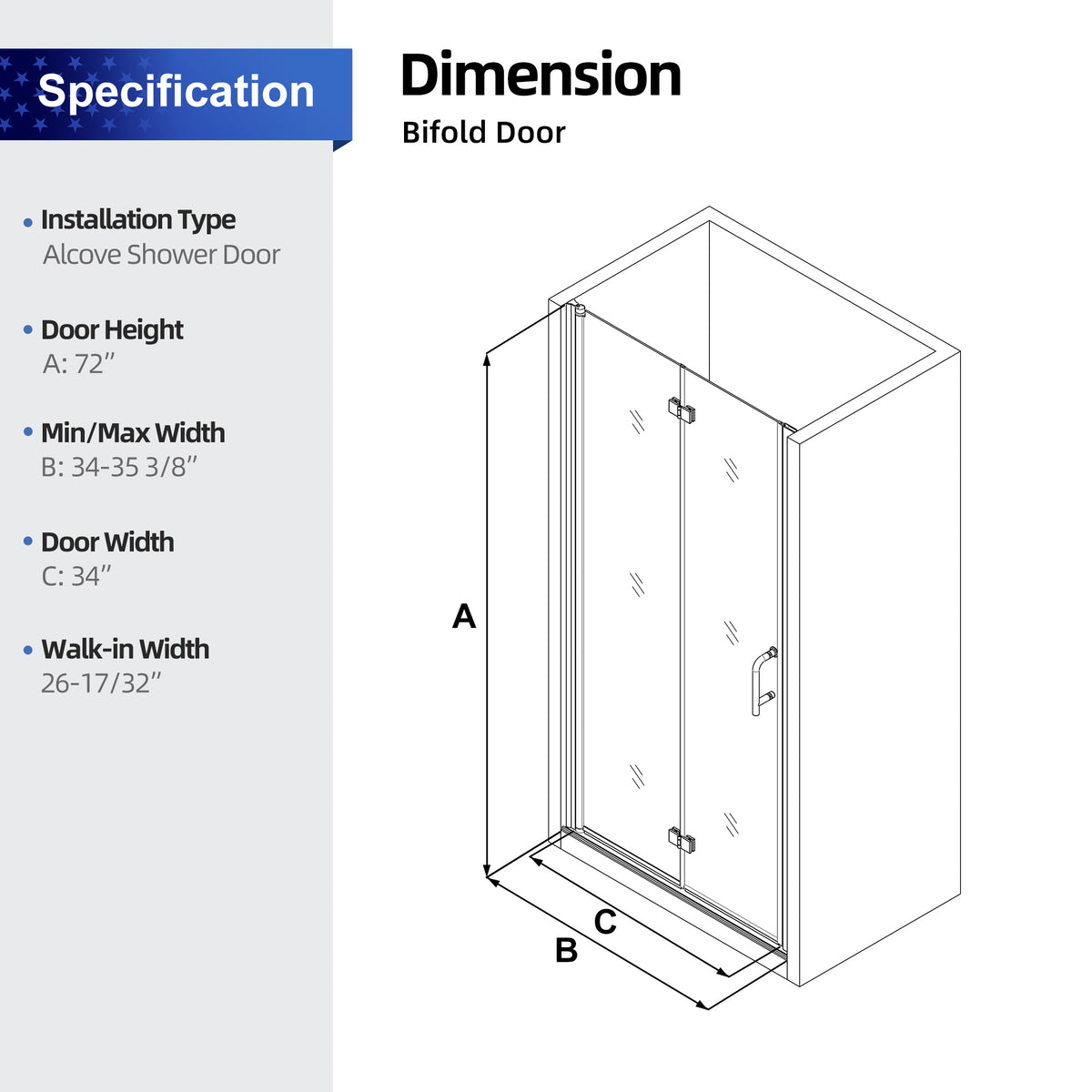 RAINLEX 34" x 72" Semi-Frameless Bi-Fold Shower Door in Matte Black
