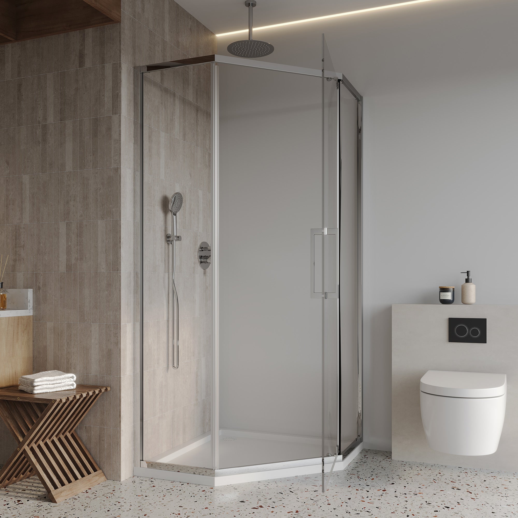 Cabine de douche à charnières semi-sans cadre de style néo-angle de 34-1/8" x 72" en chrome RX-SD06-3472CH