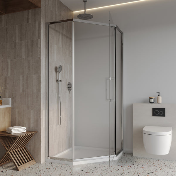 Cabine de douche à charnières semi-sans cadre de style néo-angle de 34-1/8" x 72" en chrome RX-SD06-3472CH
