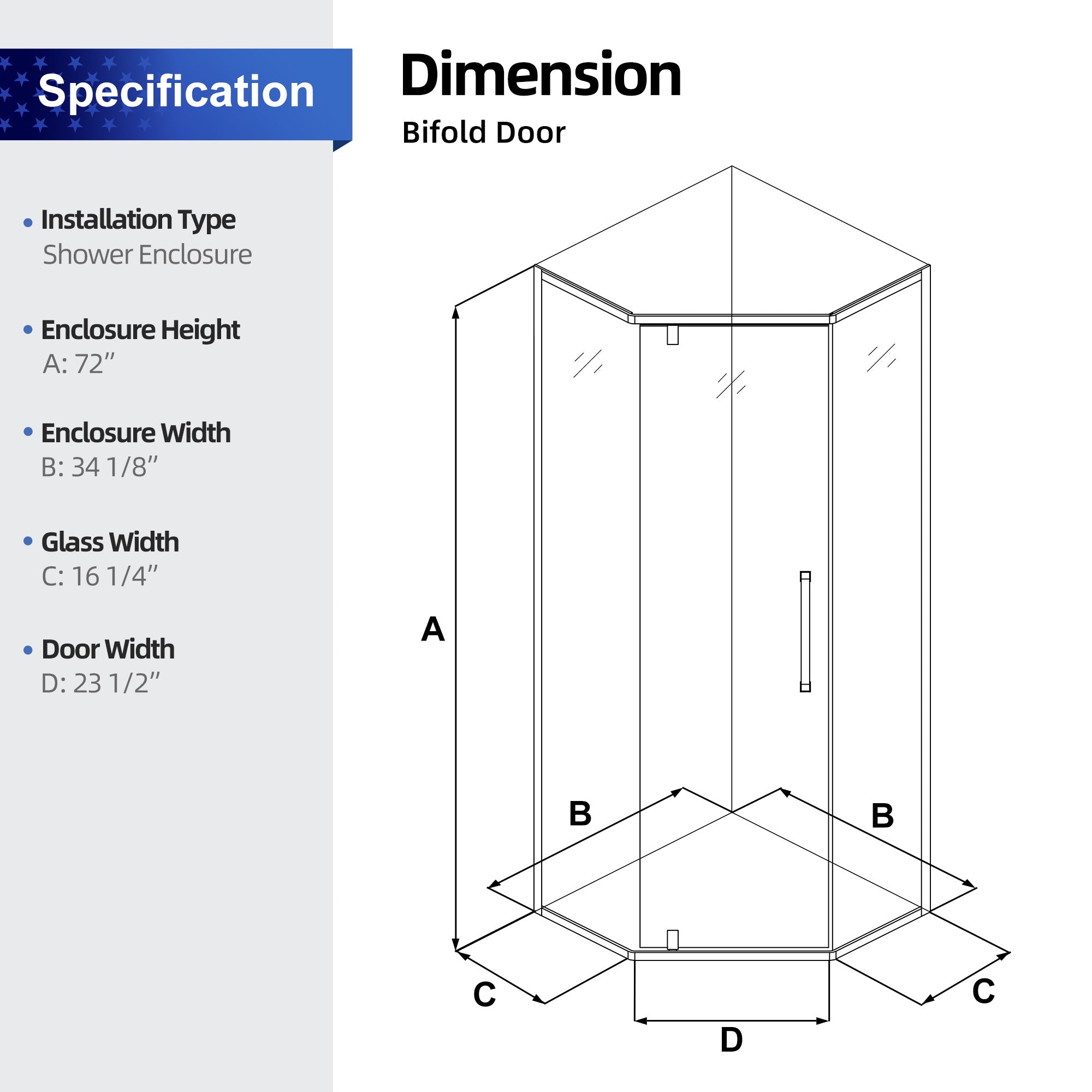 34" x 72" Semi-Frameless Neo-Angle Shower Enclosure, Chrome