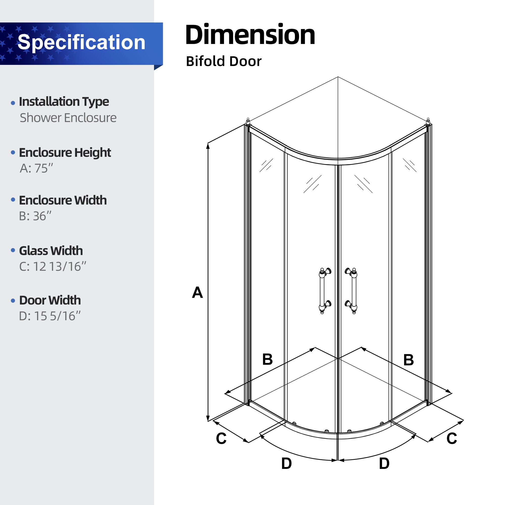 36" x 75" Semi-Frameless Round Sliding Shower Enclosure, Chrome