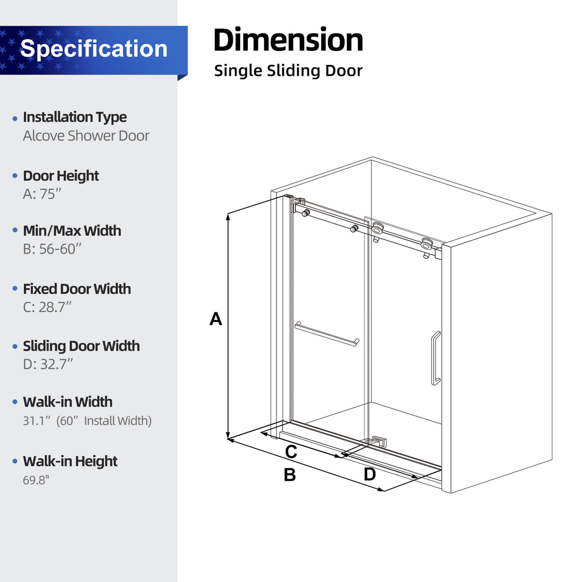 56-60" W x 75" H Semi-Frameless Sliding Shower Door, 8mm Tempered Glass, Chrome