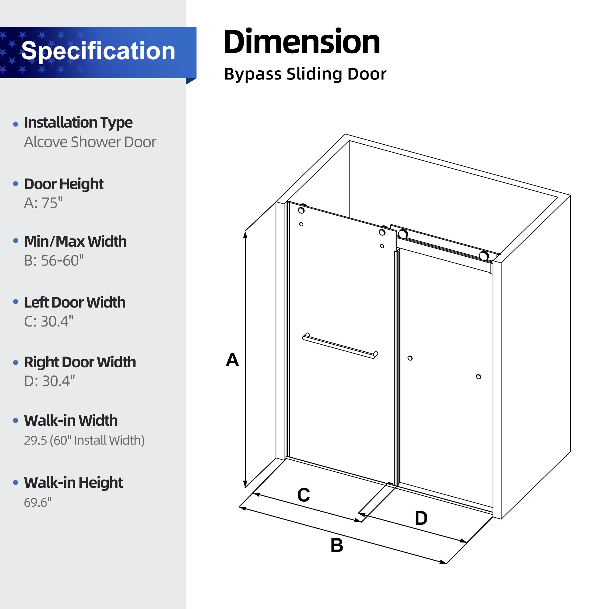 56-60" W x 75" H Frameless Sliding Shower Door, 8mm Tempered Glass