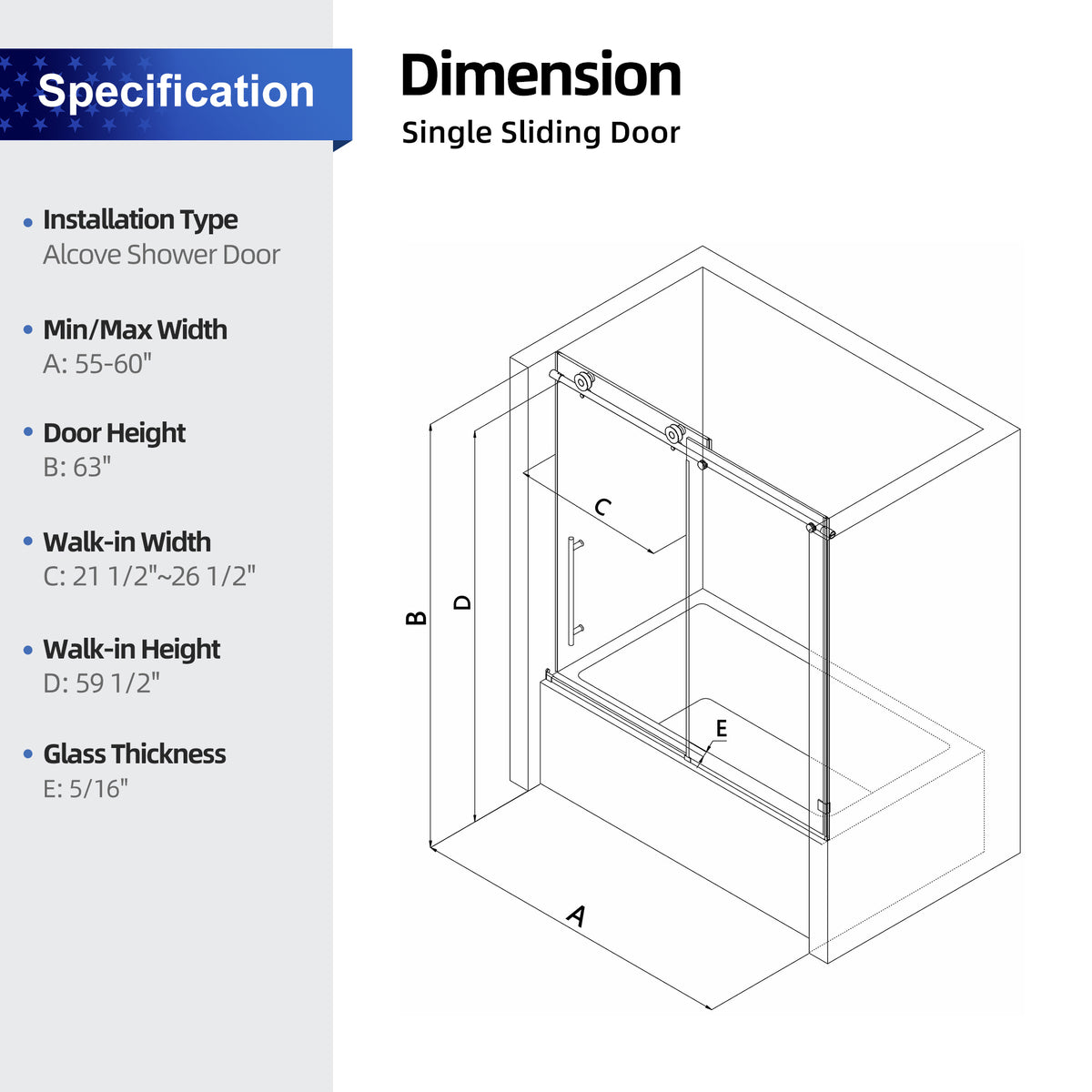 55-60" W x 63" H Frameless Sliding Tub Door, 8mm Tempered Glass