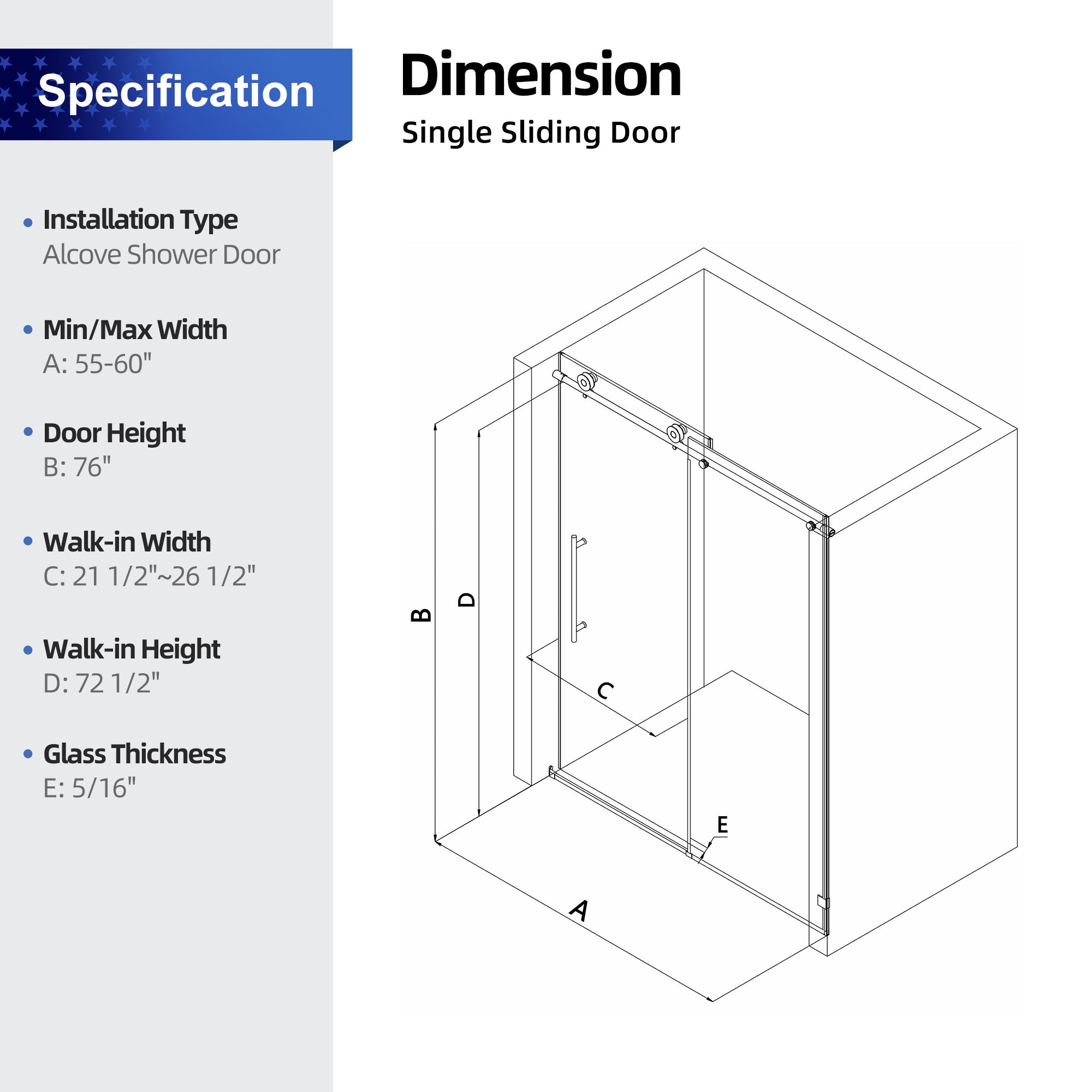 55-60" W x 76" H Frameless Sliding Shower Door, 8mm Tempered Glass