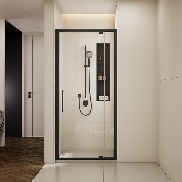 32-36“ W x 76” H Adjustable Frame Shower Door, SGCC Tempered Glass, Aluminum Matte Black, Reversible Installation