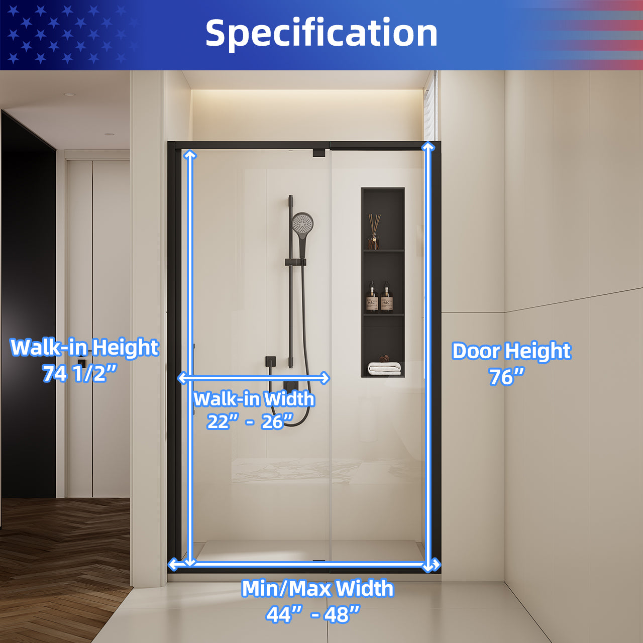 44-48" W x 76" H Adjustable Frame Shower Door, SGCC Tempered Glass, Aluminum Matte Black, Reversible Installation RX-SD18-4876MB