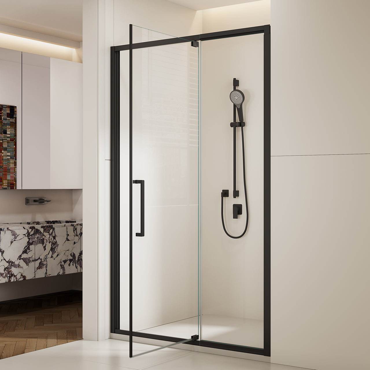 44-48" W x 76" H Adjustable Frame Shower Door, SGCC Tempered Glass, Aluminum Matte Black, Reversible Installation RX-SD18-4876MB