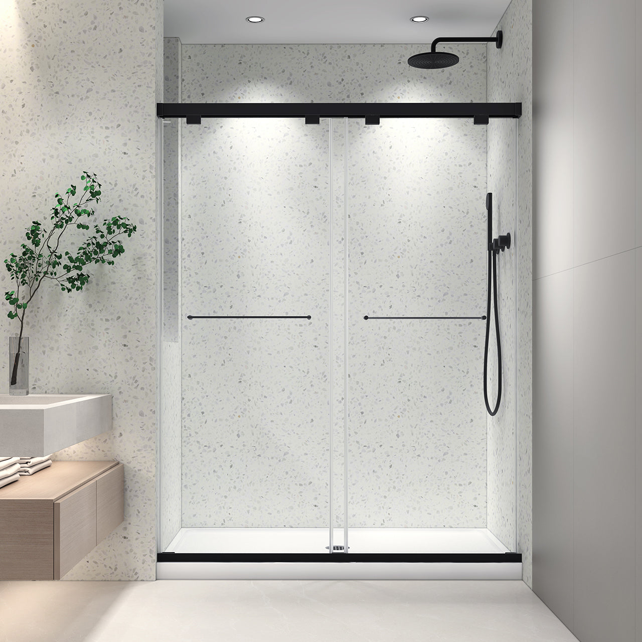 50-55“ W x 76” H North American Frameless Double Sliding Matte Black Shower Door With Adjustable Soft Closing Function 8mm Tempered Glass With Nano Easy Cleaning And Stick Explosion-proof Menbrance RX-SD19-5476MBv