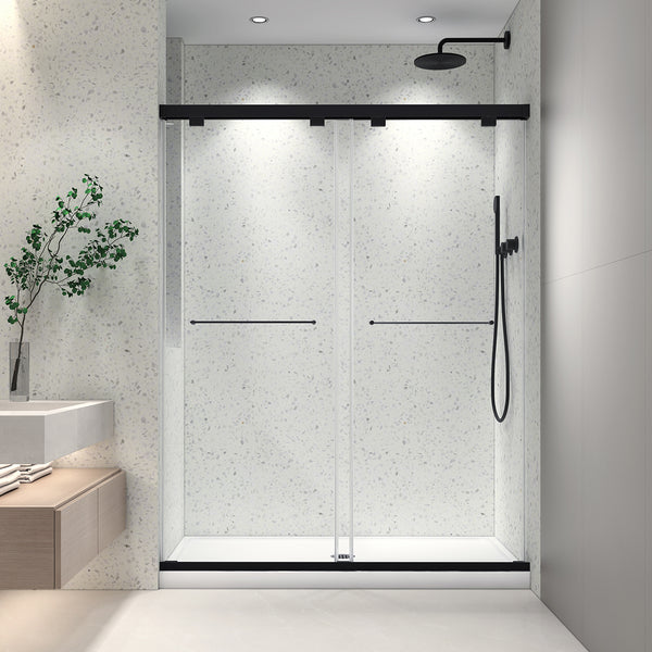 50-55“ W x 76” H North American Frameless Double Sliding Matte Black Shower Door With Adjustable Soft Closing Function 8mm Tempered Glass With Nano Easy Cleaning And Stick Explosion-proof Menbrance RX-SD19-5476MBv