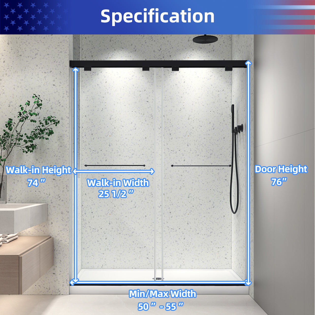 50-55“ W x 76” H North American Frameless Double Sliding Matte Black Shower Door With Adjustable Soft Closing Function 8mm Tempered Glass With Nano Easy Cleaning And Stick Explosion-proof Menbrance RX-SD19-5476MBv