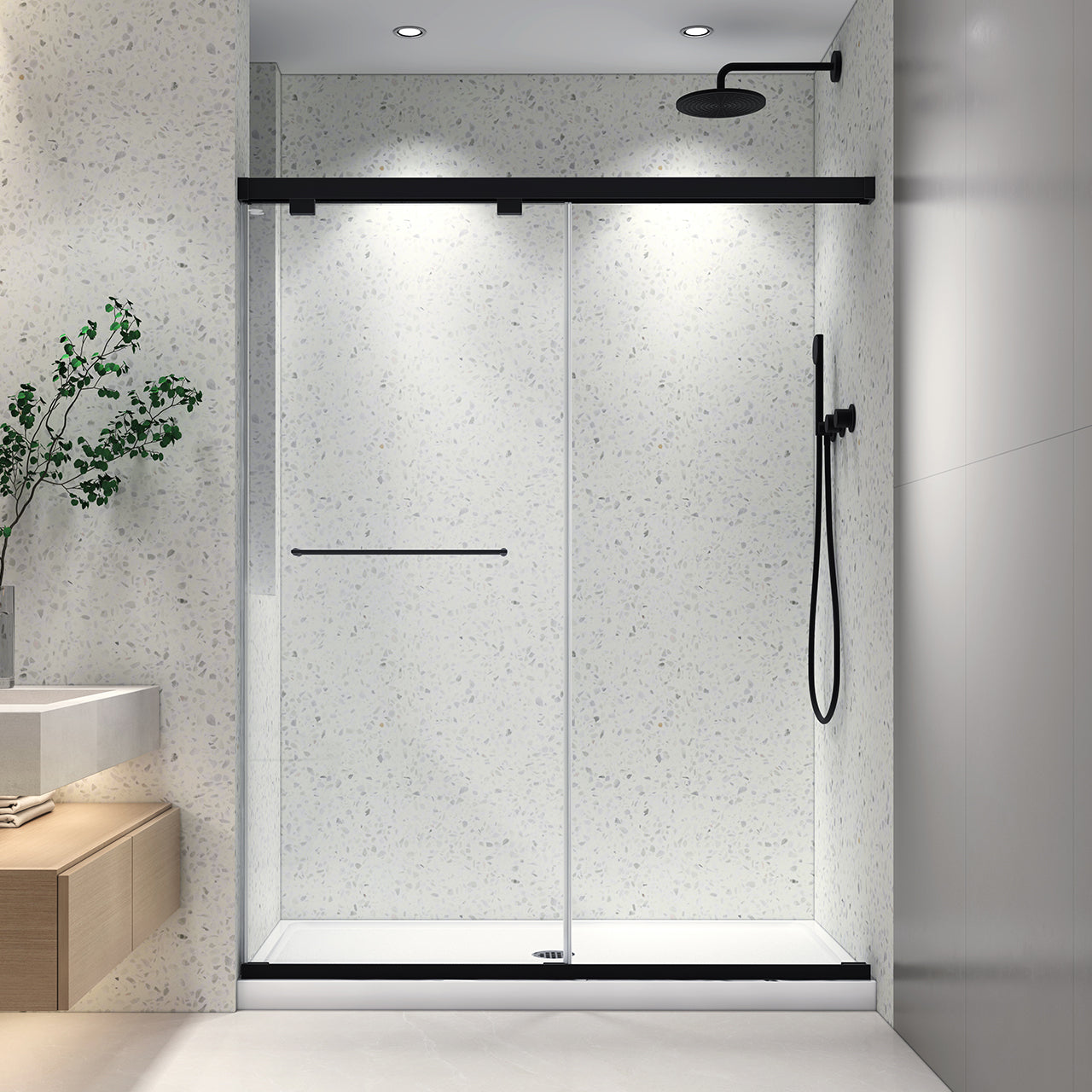 50-55“ W x 76” H North American Frameless Double Sliding Matte Black Shower Door With Adjustable Soft Closing Function 8mm Tempered Glass With Nano Easy Cleaning And Stick Explosion-proof Menbrance RX-SD19-5476MBv