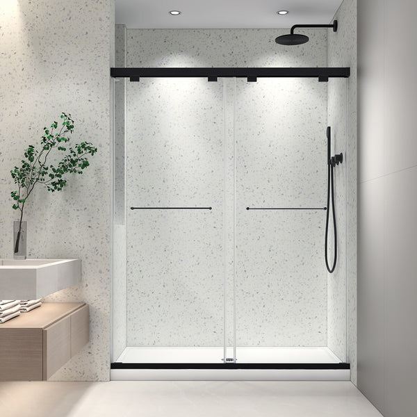 55-61“ W x 76” H North American Frameless Double Sliding Matte Black Shower Door With Adjustable Soft Closing Function 8mm Tempered Glass With Nano Easy Cleaning And Stick Explosion-proof Menbrance RX-SD19-6076MB
