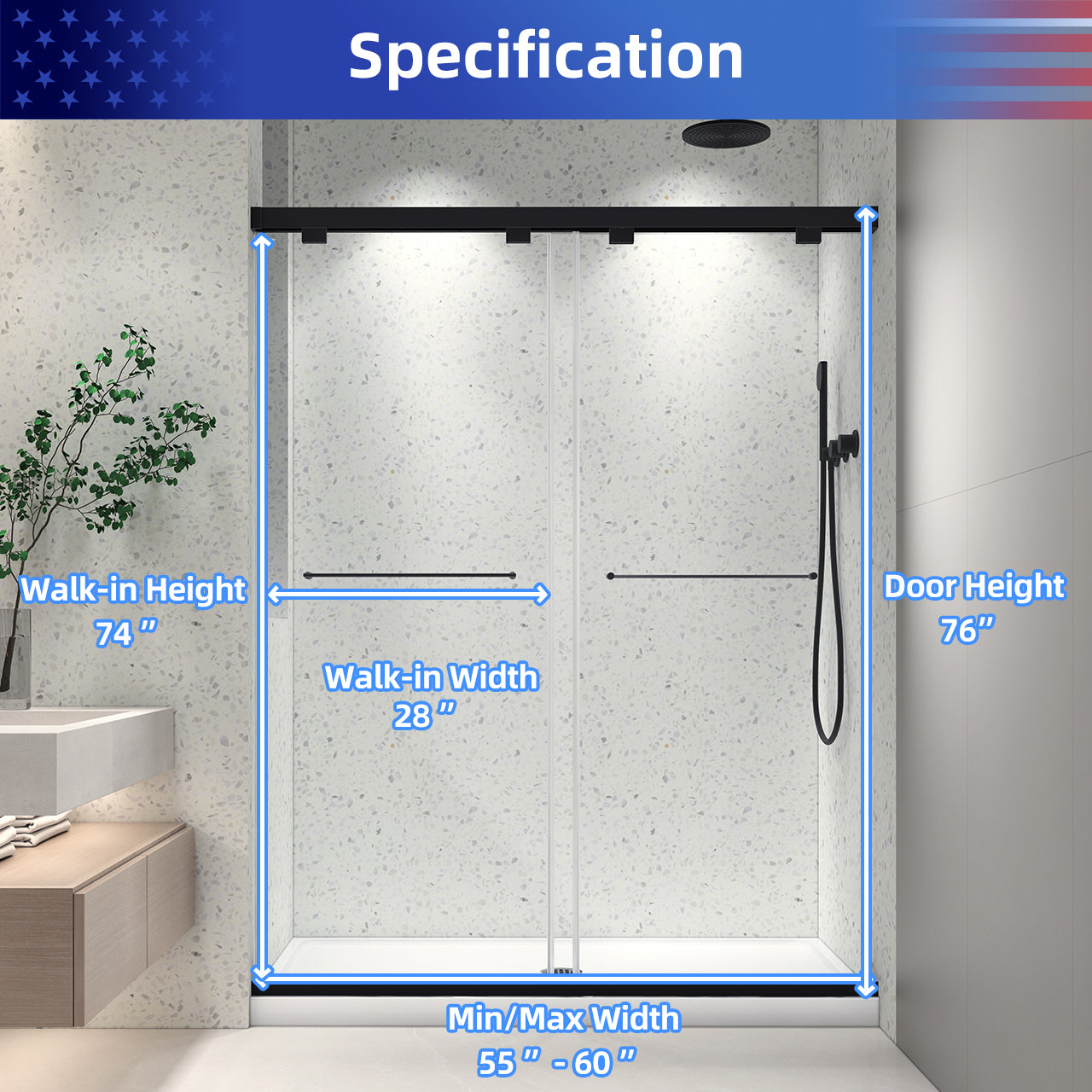 55-61“ W x 76” H North American Frameless Double Sliding Matte Black Shower Door With Adjustable Soft Closing Function 8mm Tempered Glass With Nano Easy Cleaning And Stick Explosion-proof Menbrance RX-SD19-6076MB