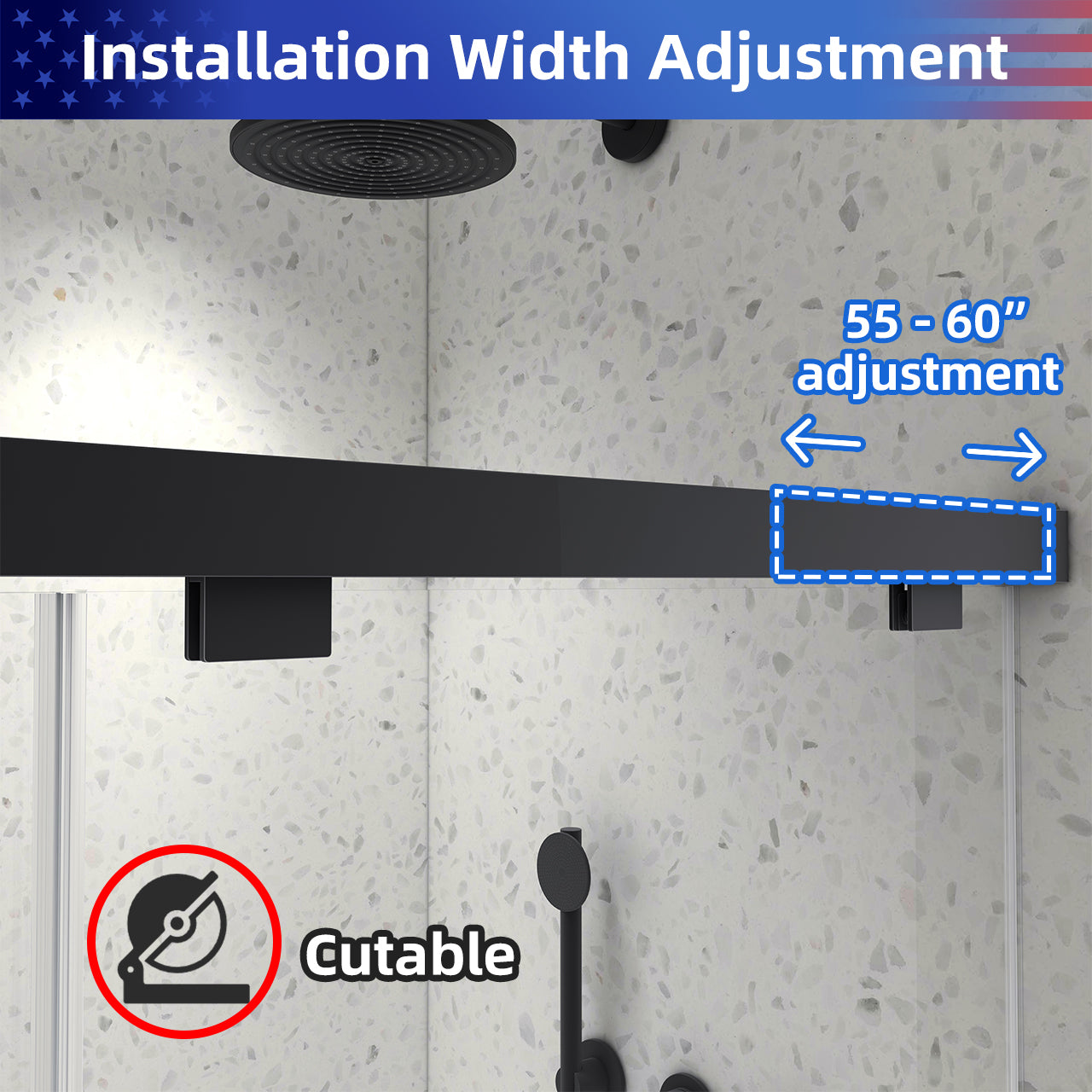 55-61“ W x 76” H North American Frameless Double Sliding Matte Black Shower Door With Adjustable Soft Closing Function 8mm Tempered Glass With Nano Easy Cleaning And Stick Explosion-proof Menbrance RX-SD19-6076MB
