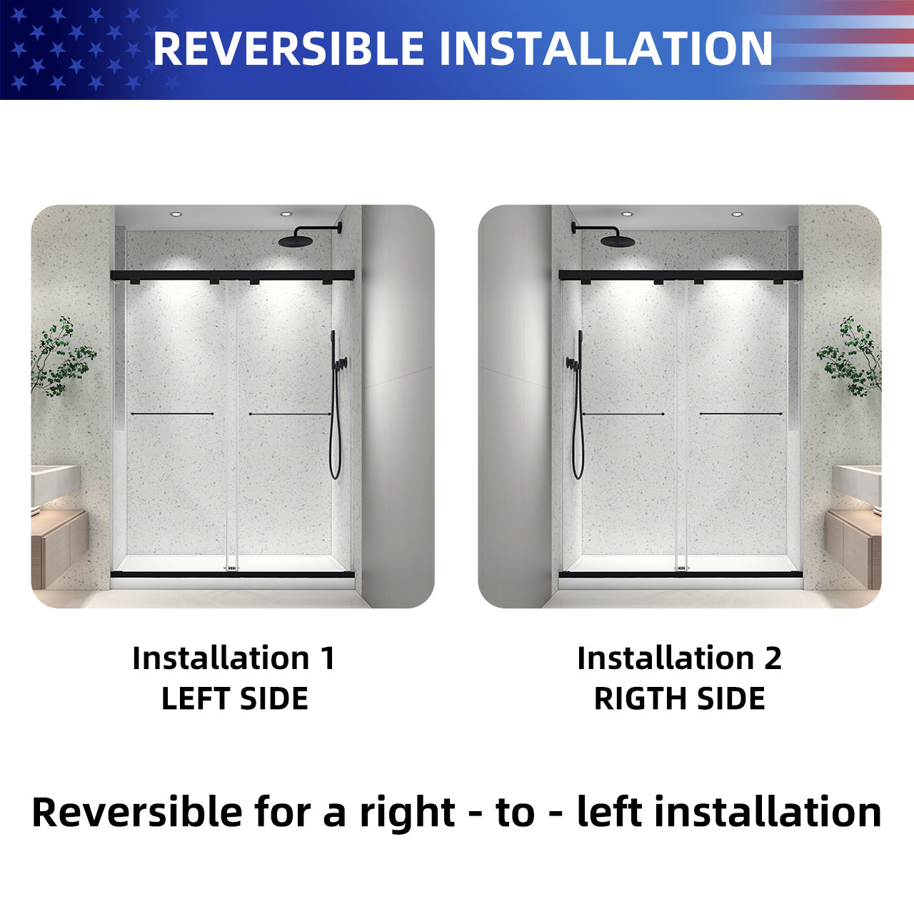 55-61“ W x 76” H North American Frameless Double Sliding Matte Black Shower Door With Adjustable Soft Closing Function 8mm Tempered Glass With Nano Easy Cleaning And Stick Explosion-proof Menbrance RX-SD19-6076MB