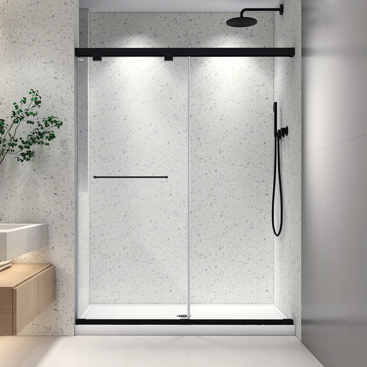 55-61“ W x 76” H North American Frameless Double Sliding Matte Black Shower Door With Adjustable Soft Closing Function 8mm Tempered Glass With Nano Easy Cleaning And Stick Explosion-proof Menbrance RX-SD19-6076MB
