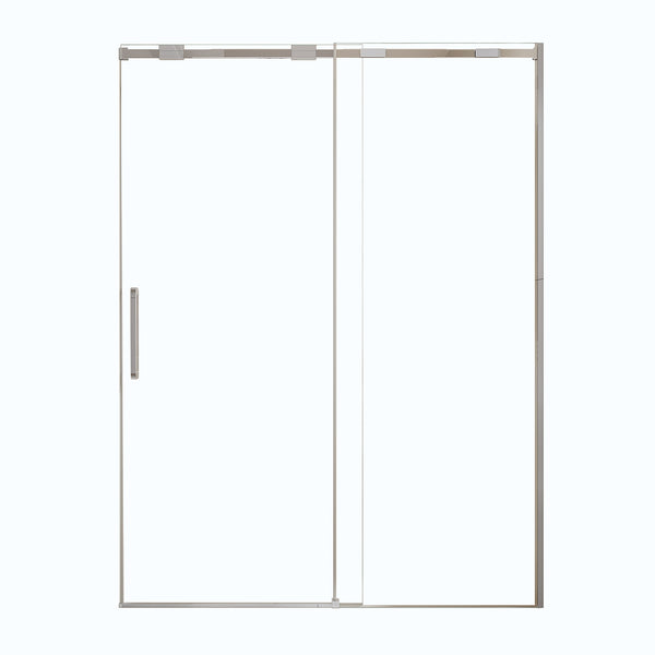 56-60 “W x 74 ‘H Semi-Framed Single Shower Sliding Door, 304 Stainless Steel Finish, 5/16’ (8mm) Thick SGCC Tempered Clear Glass, C-Wrap Rail Anti-Strip Pulleys RX-SD20-6074
