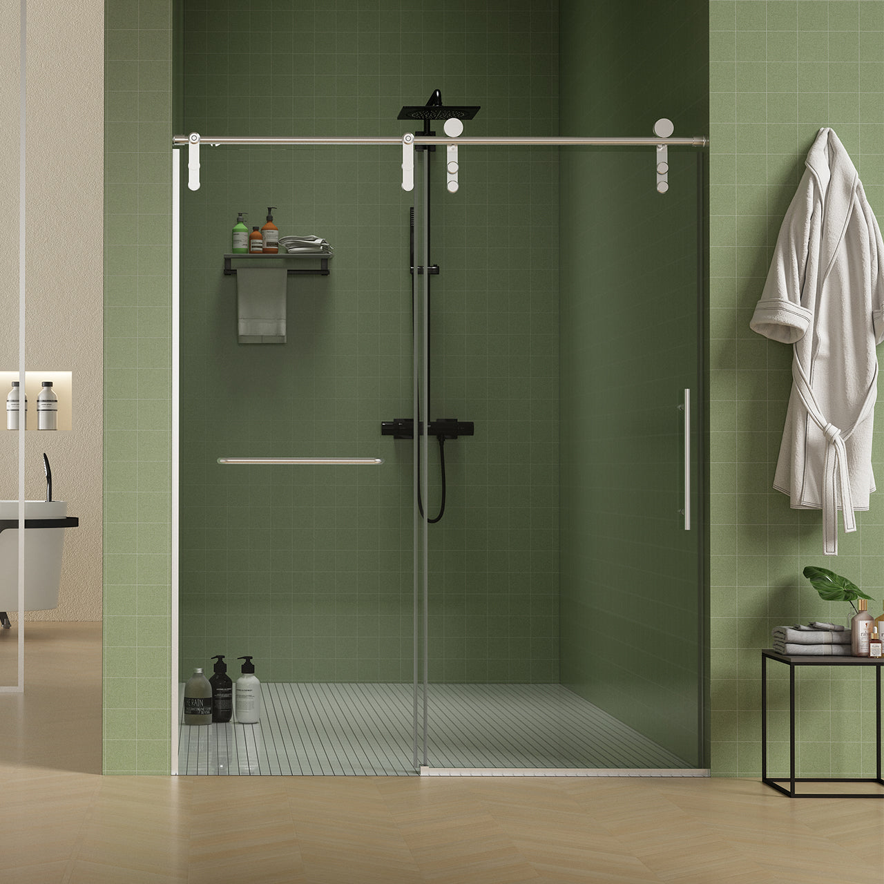 56-60 "W x 76 "H Frameless Sliding Shower Door with Premium 5/16" (8mm) Thick Tempered Glass Shower Enclosure with Towel Hanging Bar, Easy Clean Coating on Both Sides, Brushed Nickel Finish Textured Premium, Cushioned Design RX-SD23-6076